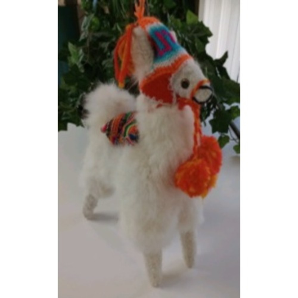 Handmade Peruvian Alpaca Fur Llama Figurine White Fluffy Andean Folk Art Decor
